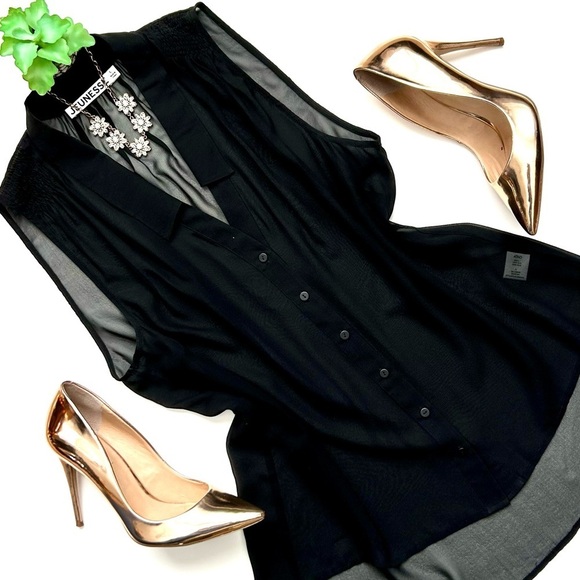 Jeunesse Black Silk Sleeveless Sheer Blouse Button Down Tank Size Large L - Picture 3 of 10